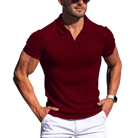 Maglia Polo Casual a Manica Corta Estiva da Uomo Scollo a V Risvolto Vestibilità Slim Lavorata a Maglia a Righe Verticali