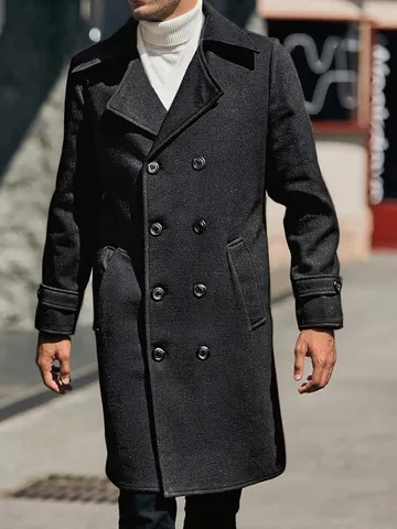 Men Slim Fit Trench Coat Double Breasted Lapel Long Wool Blend Jacket Casual Winter Business Outerwear