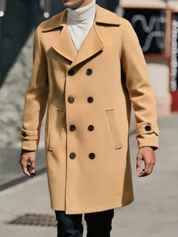 Men Slim Fit Trench Coat Double Breasted Lapel Long Wool Blend Jacket Casual Winter Business Outerwear