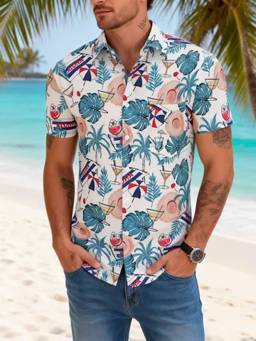 Men's Hawaiian Tropical Print Short Sleeve Shirt Casual Loose Fit Polyester Beach Vacation Top With Palm Tree Design