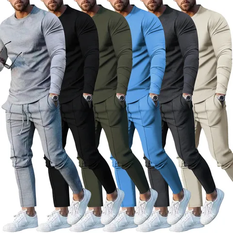 Tuta Casual da Uomo Set Due Pezzi Tinta Unita Girocollo Maglietta Manica Lunga e Pantaloni Lunghi Abbigliamento Sportivo