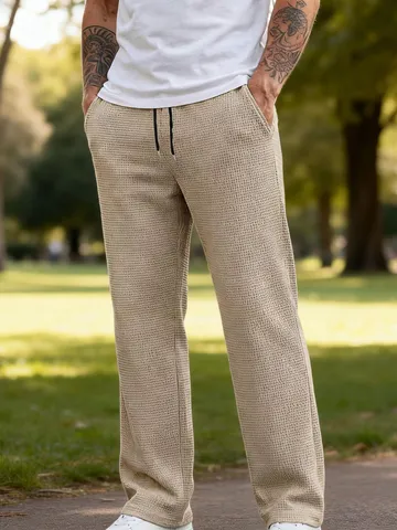 Pantaloni Dritti Casual in Maglia Waffle da Uomo Tinta Unita Vita con Coulisse Abbigliamento Maschile