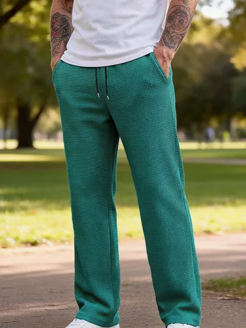 Pantaloni Dritti Casual in Maglia Waffle da Uomo Tinta Unita Vita con Coulisse Abbigliamento Maschile