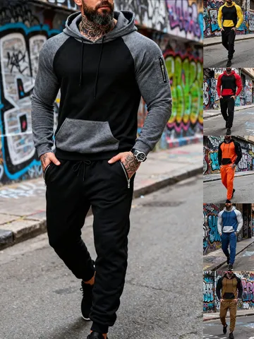 Tuta Sportiva da Uomo Casual a Blocco di Colore Foderata in Pile Felpa con Cappuccio e Pantaloni Invernali