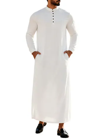 Thobe Tradizionale a Manica Lunga da Uomo con Collo Coreano Bottone Tinta Unita Vestibilità Larga Tunica Lunga Kaftan Islamico