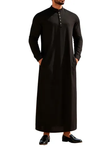 Thobe Tradizionale a Manica Lunga da Uomo con Collo Coreano Bottone Tinta Unita Vestibilità Larga Tunica Lunga Kaftan Islamico