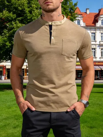 Maglietta Henley Casual da Uomo Collo alla Coreana Manica Corta Misto Cotone Slim Fit Tasca