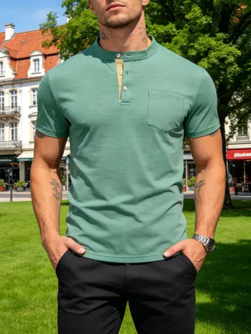 Maglietta Henley Casual da Uomo Collo alla Coreana Manica Corta Misto Cotone Slim Fit Tasca