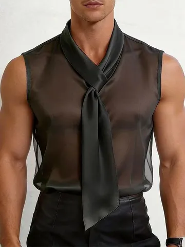 Heren Sexy Transparante Mesh Tanktop Europese Stijl Nachtclub Optreden Mouwloos Hemd Met Satijnen Strikkraag Zomer Mode