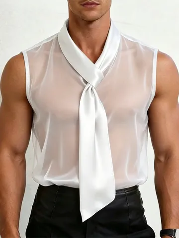 Heren Sexy Transparante Mesh Tanktop Europese Stijl Nachtclub Optreden Mouwloos Hemd Met Satijnen Strikkraag Zomer Mode