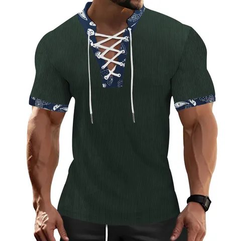 Maglietta Casual in Corduroy a Manica Corta da Uomo Tinta Unita Vestibilità Slim Scollo a V con Stringhe Top