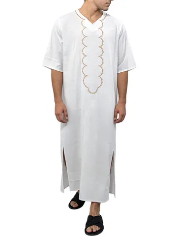 Vestaglia Lunga Tradizionale da Uomo Casual Larga Collo a V Mezza Manica Stampa Digitale Thobe Etnico Estivo Kaftan