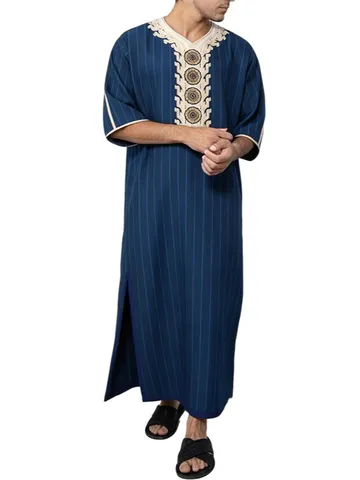 Vestaglia Lunga Tradizionale da Uomo Casual Larga Collo a V Mezza Manica Stampa Digitale Thobe Etnico Estivo Kaftan