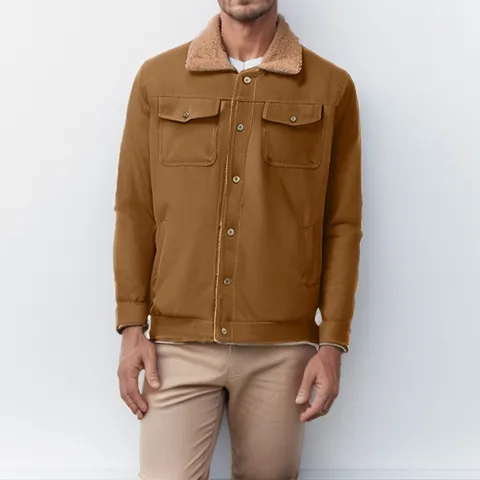 Giacca Casual da Lavoro in Cotone Foderato in Pile da Uomo Revers Monopetto Tasche Multiple Capospalla Ispessito