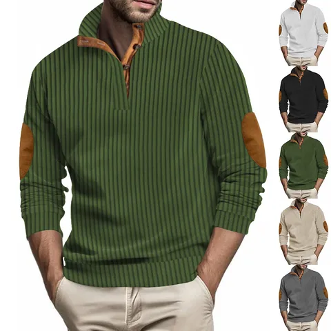 Felpa Casual da Uomo con Collo alla Coreana Manica Lunga Vestibilità Slim Jacquard a Righe con Bottoni e Toppe ai Gomiti