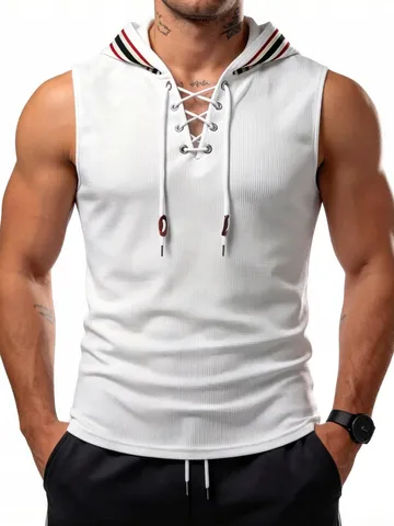 Canotta Sportiva con Cappuccio in Maglia Waffle da Uomo Bordo Cappuccio a Righe a Contrasto Allacciatura Incrociata Smanicato Gilet Casual