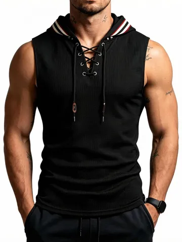 Canotta Sportiva con Cappuccio in Maglia Waffle da Uomo Bordo Cappuccio a Righe a Contrasto Allacciatura Incrociata Smanicato Gilet Casual
