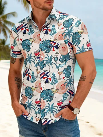 Men's Hawaiian Casual Short Sleeve Shirt Turn-down Collar Tropical Floral Print Button Down Aloha Beach Vacation Top