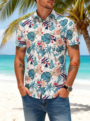 Men's Hawaiian Casual Short Sleeve Shirt Turn-down Collar Tropical Floral Print Button Down Aloha Beach Vacation Top