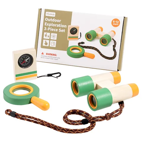 Kinder Holz Outdoor Abenteuer Spielzeug Set Fernglas Lupe Kompass Simulation Rollenspiel Erkundung Spielzeug Für Kinder