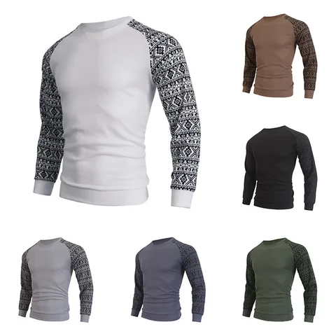 Men's Casual Long Sleeve Waffle Knit Sweater Slim Fit Crew Neck Raglan Geometric Print Pullover Top