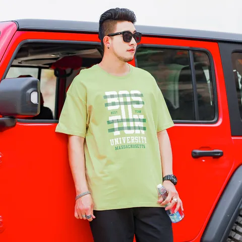 Men Plus Size T-Shirt Boston University Letter Print Short Sleeve Round Neck Summer Casual Loose Top Cotton Tee