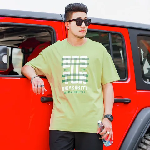 Men Plus Size T-Shirt Boston University Letter Print Short Sleeve Round Neck Summer Casual Loose Top Cotton Tee