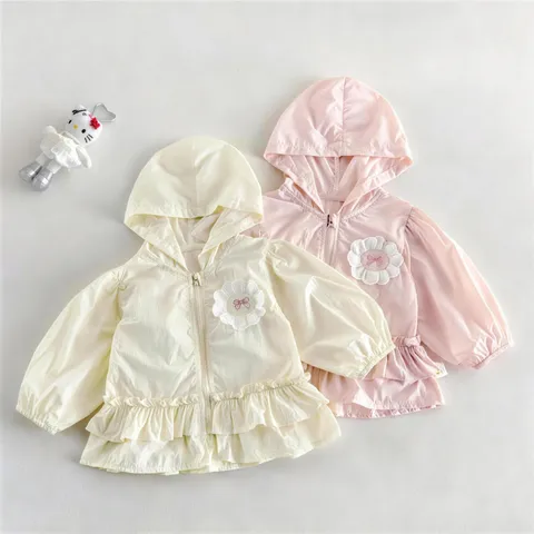 Baby Girls Thin Hooded Cardigan Jacket Summer Long Sleeve Ruffle Bow Solid Color Casual Outerwear Infant Clothes