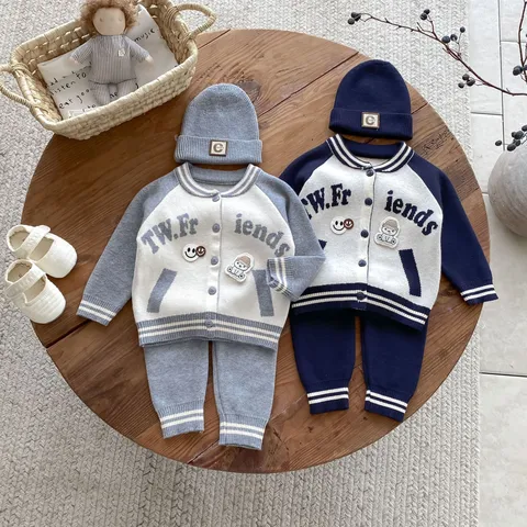 Baby Boys Baseball Cardigan Jacket Pants Knit Hat Spring Fall Kids Casual Outfit Clothing