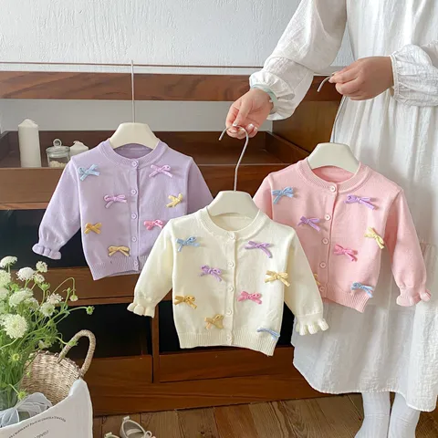 Sweet Toddler Baby Girls Knit Cardigan Cute Bowknot Long Sleeve Crew Neck Sweater Coat Korean Style Children Outwear