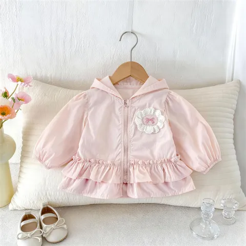 Baby Girls Thin Hooded Cardigan Jacket Summer Long Sleeve Ruffle Bow Solid Color Casual Outerwear Infant Clothes
