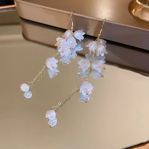 Lily Of The Valley Acrylic Flower Tassel Earrings For Women Gold Plated Alloy Dangle Earrings With Artificial Pearl Jewelry