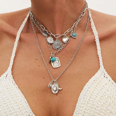 Bohemian Multi Layer Necklace Set For Women Gold Silver Alloy Western Cowboy Boots Cactus Star Heart Pendant Turquoise Choker Jewelry