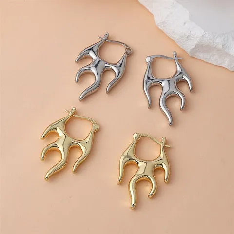Minimalist Copper Flame Hoop Earrings With 925 Sterling Silver Earring Post Punk Fluid Metal Huggie Earrings For Women Jewelry