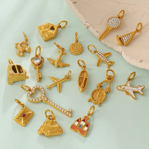 Stainless Steel Retro DIY Pendant Charm For Jewelry Making Gold Plated Rhinestone Airplane Key Castle Design Fashion Women Jewelry Accessories