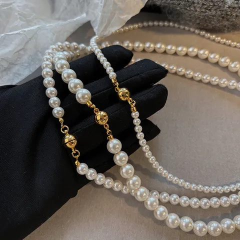 French Style Round Artificial Pearl Necklace For Women Gold Magnetic Clasp Clavicle Chain High-End Sweater Chain Jewelry