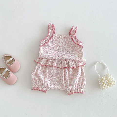 Baby Girls Summer Floral Ruffle Tank Top And Shorts Two Piece Set Toddler Sweet Casual Outfit Clothes