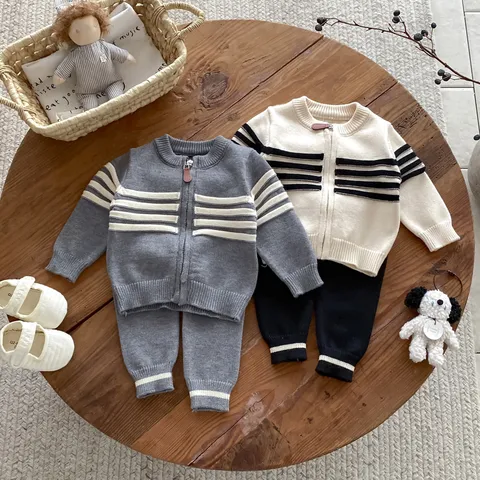 Baby Infant Knitted Cardigan And Pants Set Striped Long Sleeve Zipper Coat Casual Two Piece Outfit For Toddlers