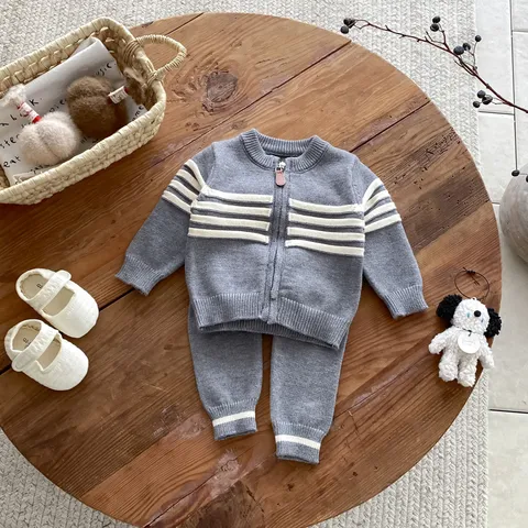 Baby Infant Knitted Cardigan And Pants Set Striped Long Sleeve Zipper Coat Casual Two Piece Outfit For Toddlers