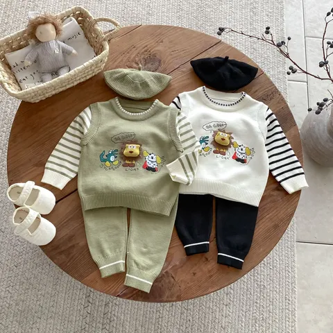 Baby Boys Knit Sweater Pants Hat Three Piece Set Cute Cartoon Embroidery Long Sleeve Pullover Infant Toddler Fall Outfit