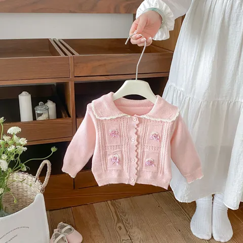 Baby Girls Knit Sweater Cardigan Long Sleeve Turn-Down Collar Solid Color Single-Breasted Cute Bow Infant Toddler Fall Outerwear