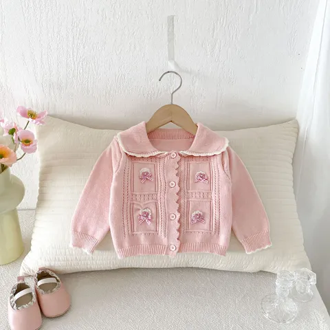 Baby Girls Knit Sweater Cardigan Long Sleeve Turn-Down Collar Solid Color Single-Breasted Cute Bow Infant Toddler Fall Outerwear