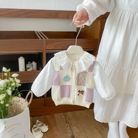 Toddler Baby Girls Knit Cardigan Vest Cute Strawberry Embroidery Sleeveless Sweater V-Neck Single-Breasted Fall Winter Outerwear