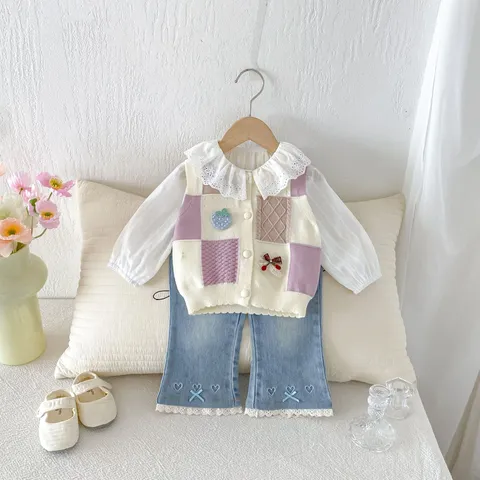 Toddler Baby Girls Knit Cardigan Vest Cute Strawberry Embroidery Sleeveless Sweater V-Neck Single-Breasted Fall Winter Outerwear