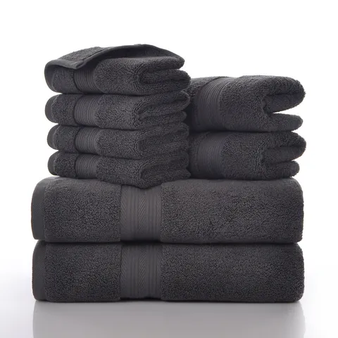 Ensemble de Serviettes en Pur Coton Huit Pièces Doux Absorbant Serviettes de Bain Serviettes de Visage Couleur Unie Maison Salle de Bain