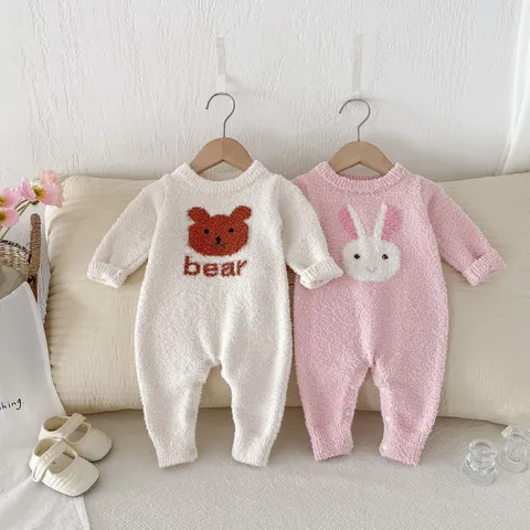 Infant Baby Thickened Fleece Romper Cute Cartoon Bear Rabbit Long Sleeve Warm Winter Sleepwear Baby Clothes