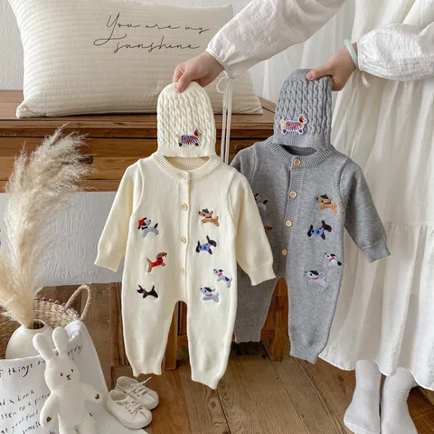 Infant Baby Knit Romper Cute Puppy Embroidery Long Sleeve Hooded Jumpsuit Autumn Newborn Baby Clothes