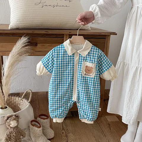 Infant Baby Winter Fleece Padded Plaid Romper Lapel Single-Breasted Long Sleeve Warm Jumpsuit For Toddler Boys Girls