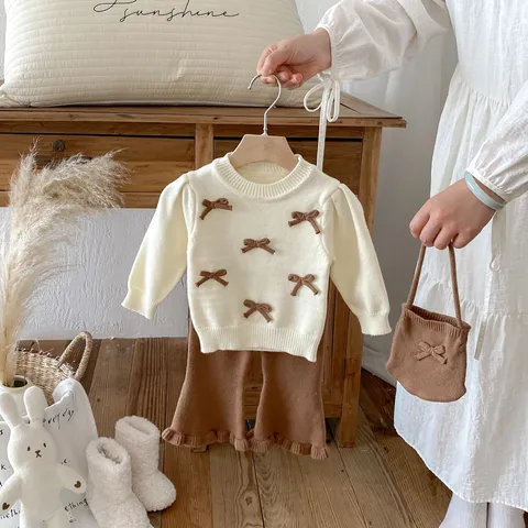 Kleinkind Baby Mädchen Strickpullover Top Schlaghose Passende Tasche Süße Schleife Einfarbig Weich Warm Herbst Winter Kinderbekleidung