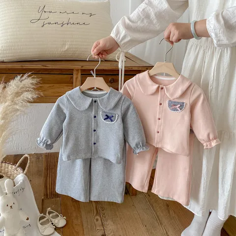 Kleinkind Baby Mädchen Baumwolle Langarm Puppenkragen Hemd Schlaghose Top Und Hose Koreanischer Stil Kinder Outfit
